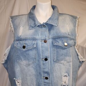 Distressed Denim Vest, Light Blue SZ 4XL Shein